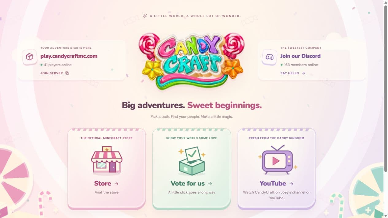 CandyCraft homepage with a colourful server logo, pastel candy scenery and cards for the store, voting and YouTube