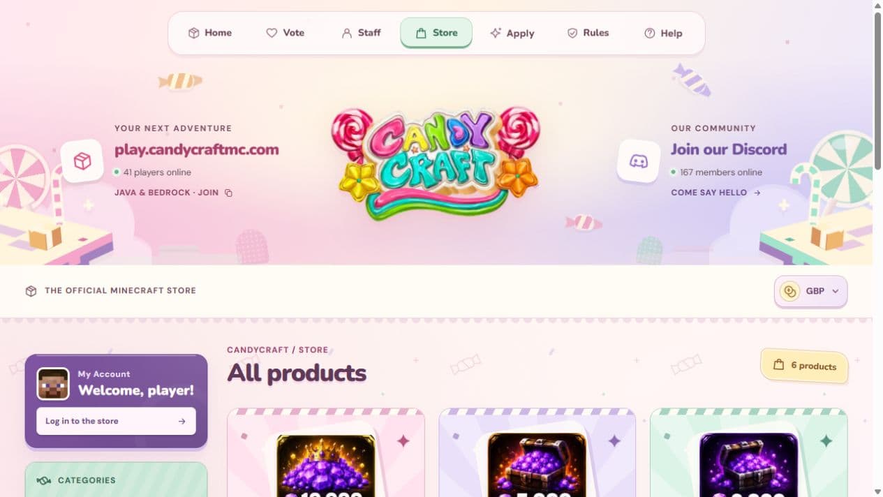CandyCraft storefront with pastel navigation, player account panel and illustrated gem product cards