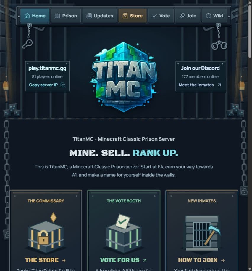 TitanMC website with a prison-themed navigation bar, server logo, community links and illustrated destination cards