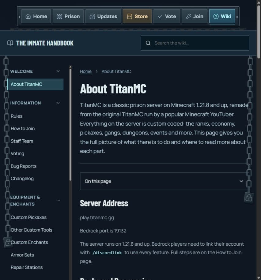 TitanMC wiki showing searchable navigation, grouped player guides and an About TitanMC article